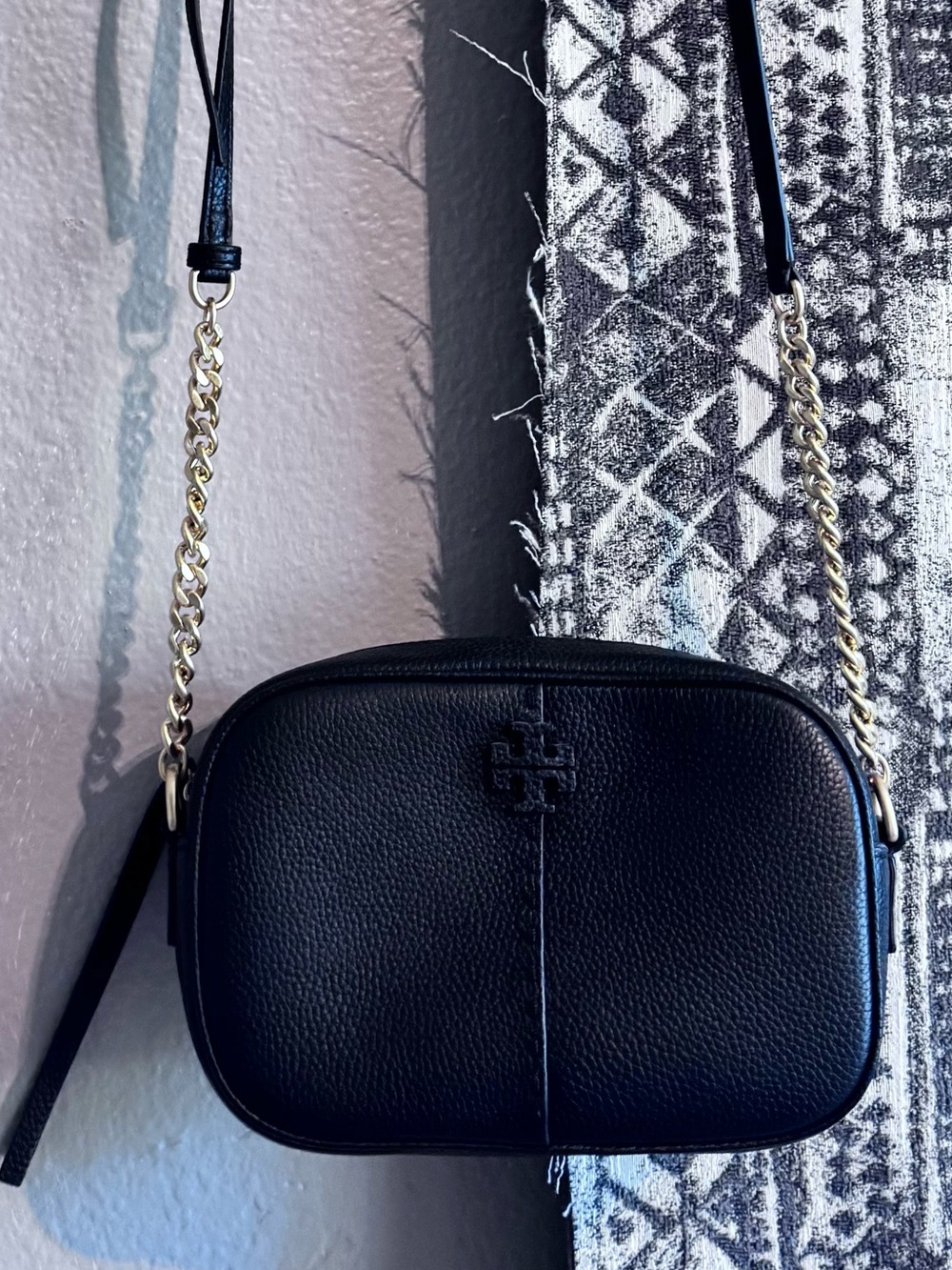 Tory Burch Black Pebbled Leather Crossbody Wallet with Logo Detail